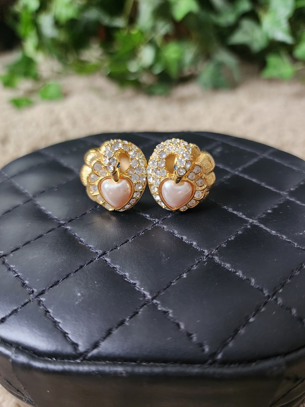Nolan Miller Gold-Tone Heart Clip On Earrings w/ Pink Pearl Centers and Crystals